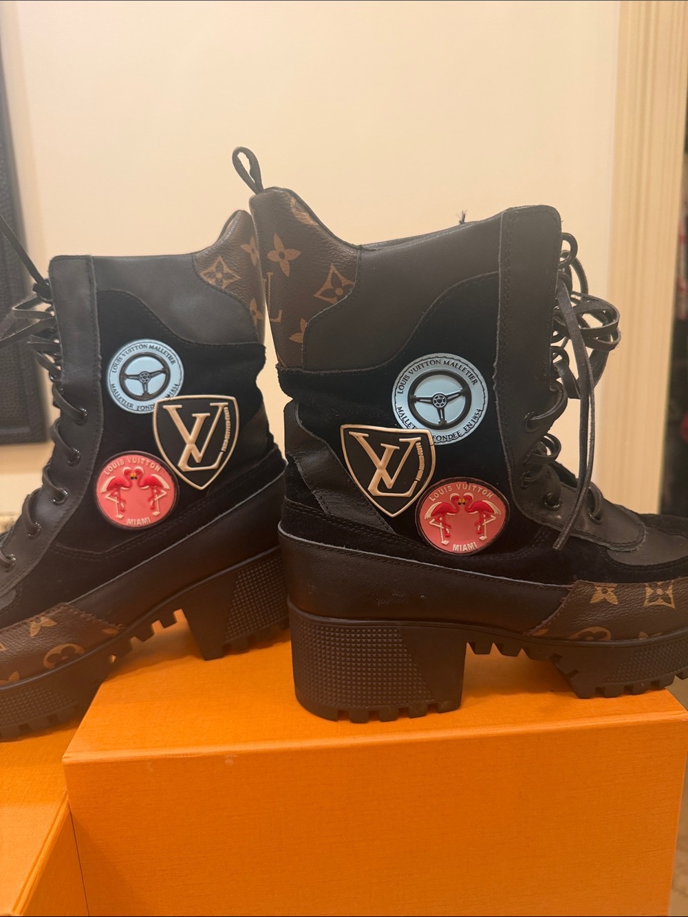 Louis Vuitton Black Monogram Patch Lace-Up Platform Boots